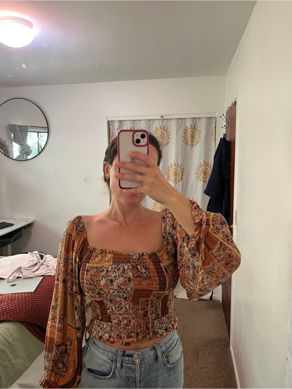 Boho Patchwork Smocked Peasant Top - Rust Multi